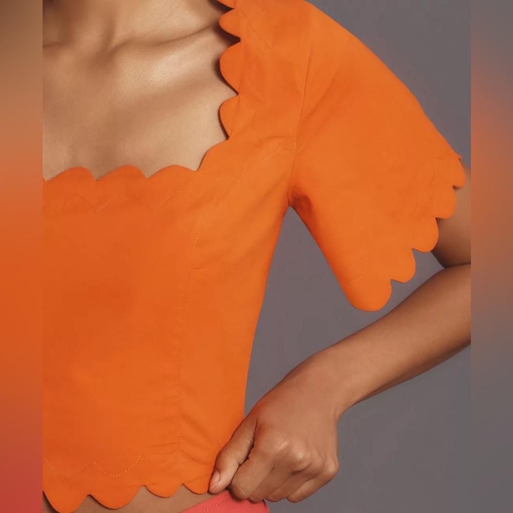 NWT Maeve Anthropologie Square-Neck Scallop Blouse Women’s Medium Orange Cropped - Picture 2 of 9